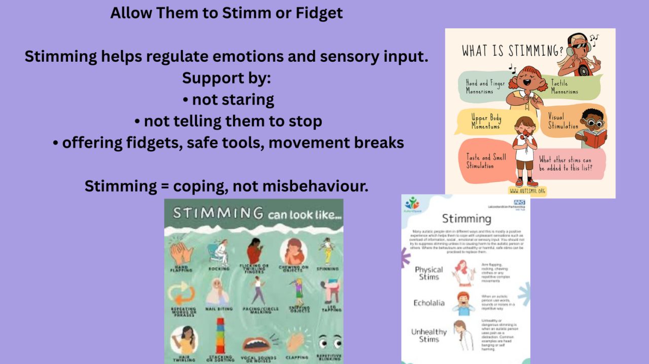 Illustration about allowing stimming and fidgeting as regulation — supporting comfort and focus without shame.